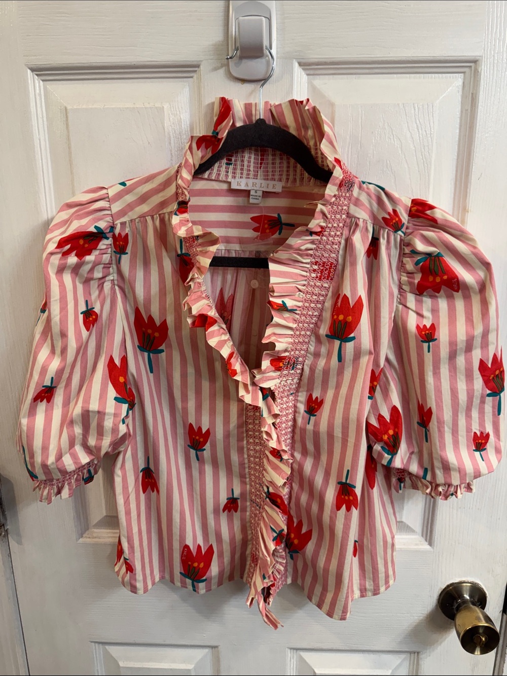 Karlie Pink & White Striped Blouse with Red Floral Print